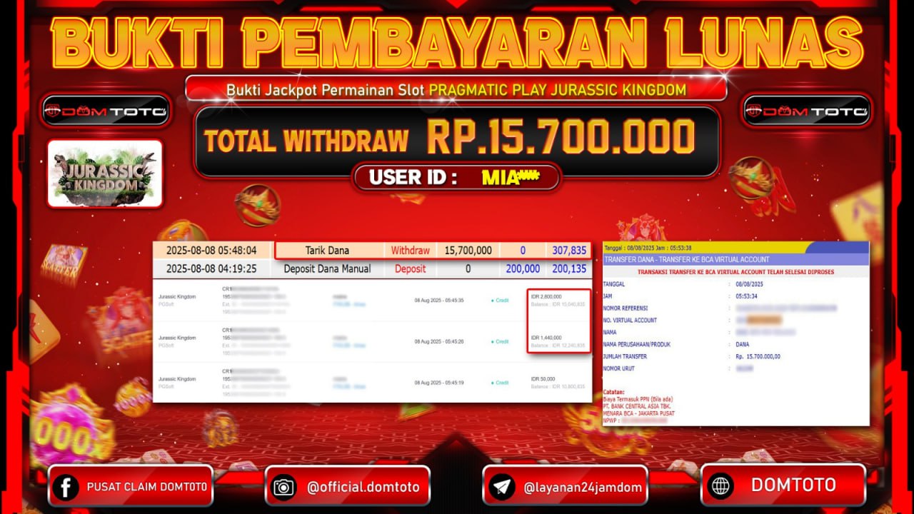🔥🔥 JACKPOT SLOT JURASSIC KINGDOM 08 AGUSTUS 2025 🔥🔥 SELAMAT KEPADA PEMENANG ID : MIAXXXX